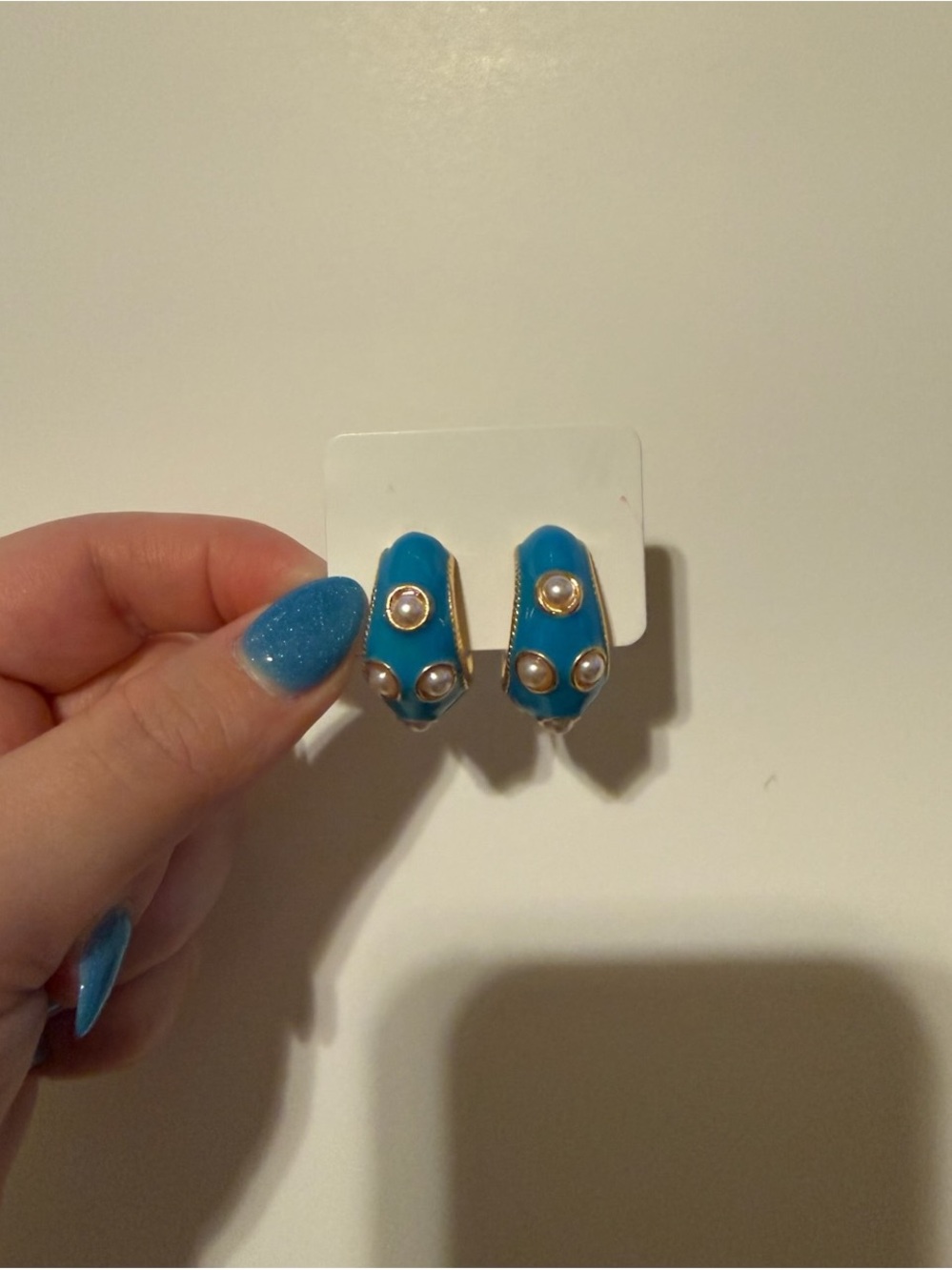 Turquoise Enamel Hoop Earrings with Pearl Accents - Women Jewelry